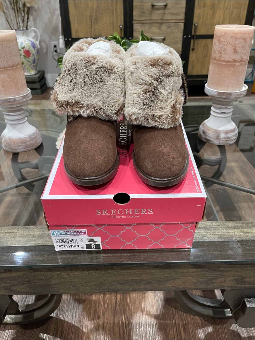 Skechers Chestnut Faux Fur Cuff Ankle Booties